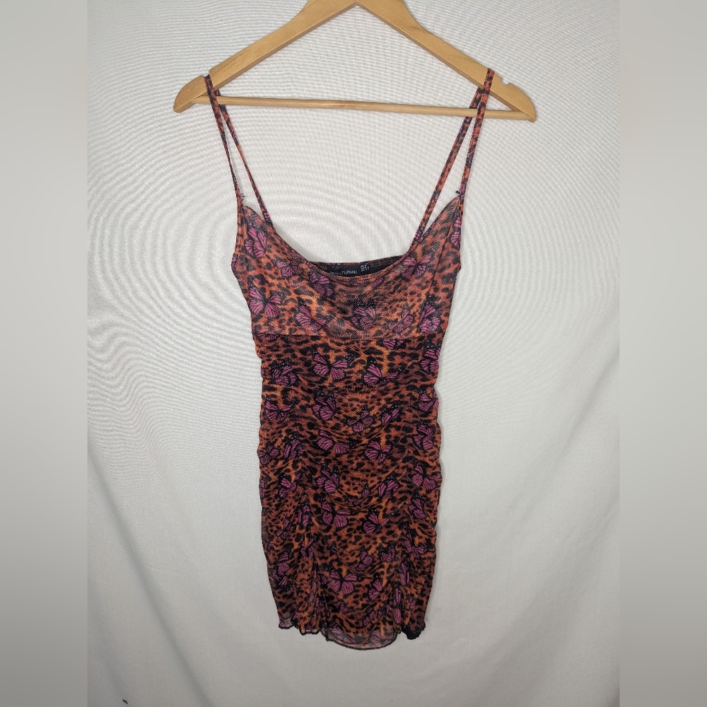 Pretty Little Thing Butterfly Leopard Bodycon Ruched Dress Size 2